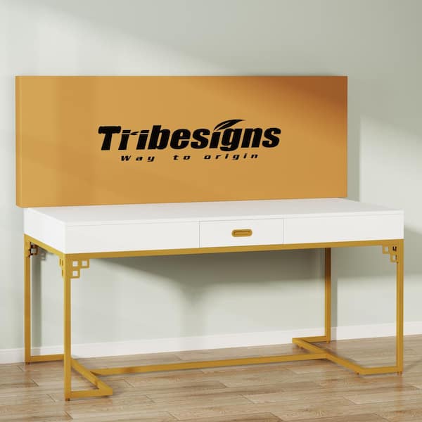 Tribesigns Way to Origin Halseey 63 in. Rectangular Modern White Gold Wood Executive Desk, Large Computer Desk with Drawer, Conference Room Table