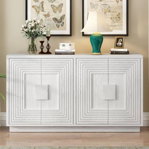 Antique White Brown Wood Pantry Organizer, Storage Buffet Cabinet with Storage, 4-Door and Adjustable Shelves
