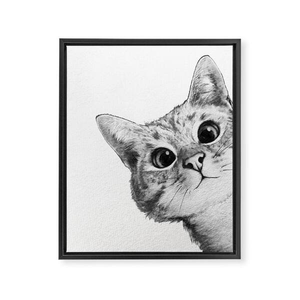 DenyDesigns. Sneaky Cat by Laura Graves Framed Art Canvas Animal Wall Art 30 in. x 24 in., Black-White