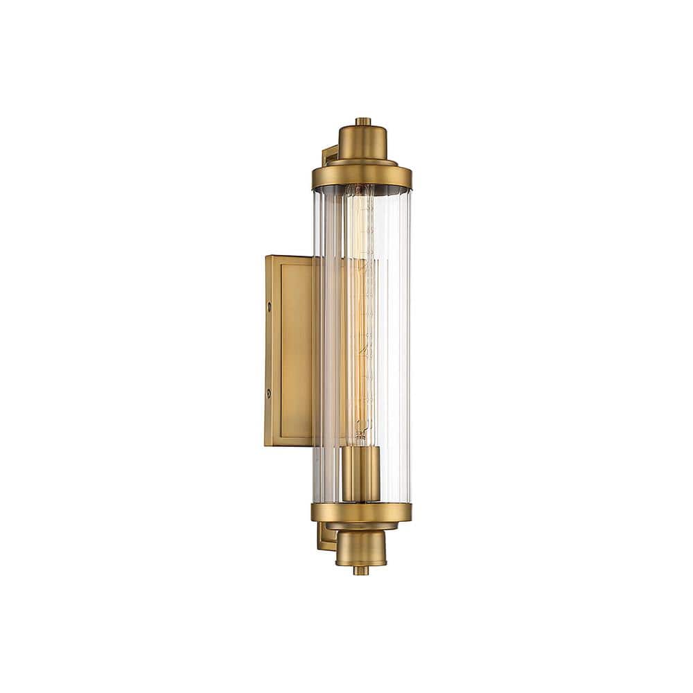 Pike Warm Brass Finish 1-Light Vanity Sconce with Clear Ribbed Glass