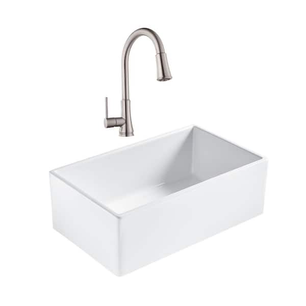 SINKOLOGY Bradstreet II Farmhouse/Apron-Front Fireclay 30 in. Single Bowl Kitchen Sink with Pfister Pull Down Faucet in Stainless