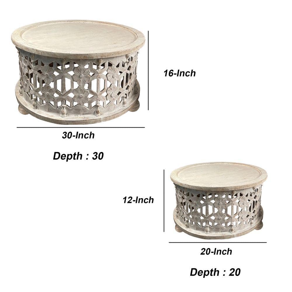 30" Antique White Carved Wood Round Coffee Table Set