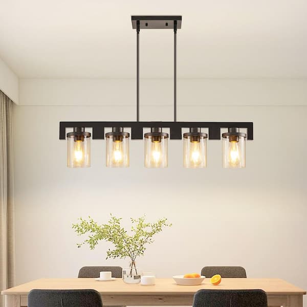 Magic Home 5-Light Modern Industrial Chandelier Rectangle Black Linear Pendant Light Over Table ...