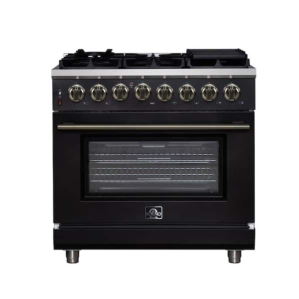 Massimo 36 Inch Freestanding Dual Fuel Range in Black with Antique Brass Accessories, 5.36 cu. ft. Convection Oven