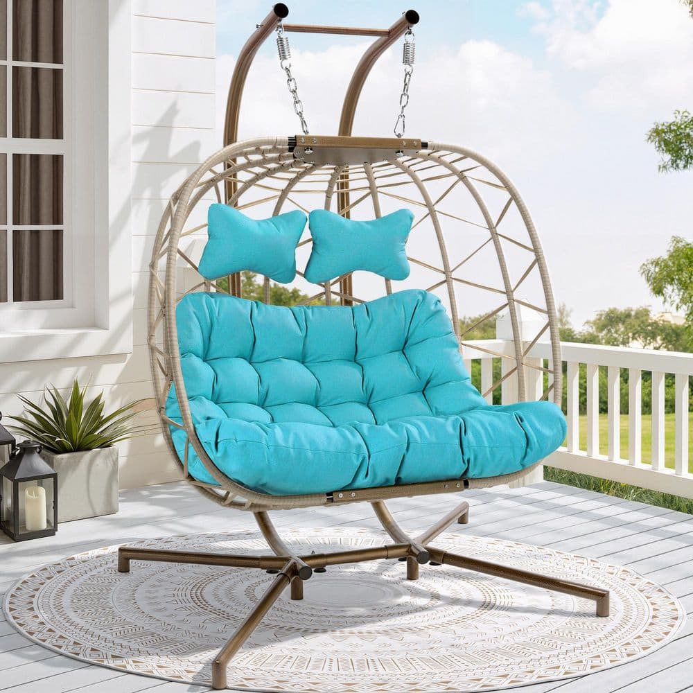 Oversized 2-Person Patio Beige Wicker Indoor Outdoor Porch Lounge Hanging Egg Swing Chair with Stand and Teal Cushion price history on PriceWatchPro
