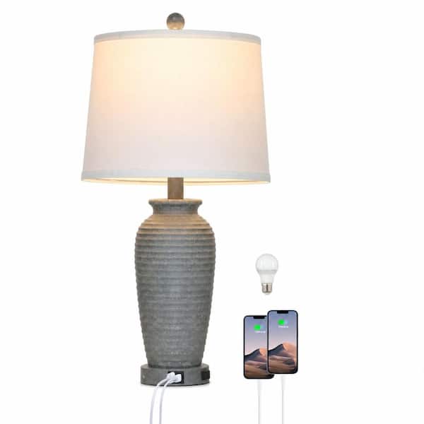 25 in Grey Farmhouse Jar Table Lamp with 3 Way Touch Control USB Ports and Outlet