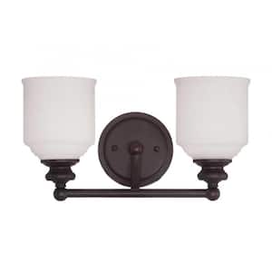 Melrose 14.5 in. W x 7.75 in. H 2-Light English Bronze Bathroom Vanity Light with White Glass Shades