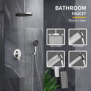 Single-Handle 4-Spray 12 in. Pressure-boosting Round Celling Mount Shower Faucet in Brushed Nickel(Valve Included)