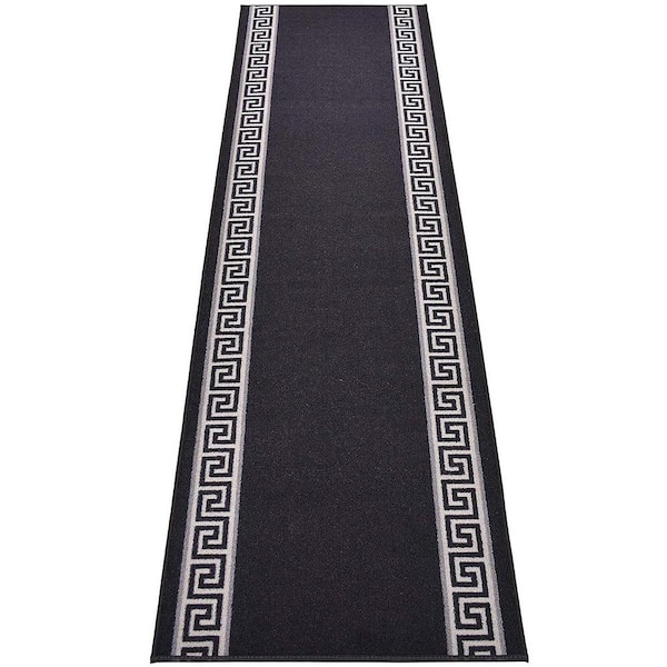 RugStylesOnline Meander Greek Key Design Cut to Size Black Color 26" Width x Your Choice Length Custom Size Slip Resistant Runner Rug