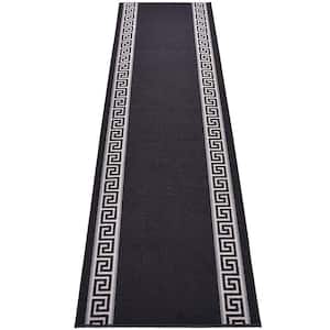 Meander Greek Key Design Cut to Size Black Color 22" Width x Your Choice Length Custom Size Slip Resistant Runner Rug