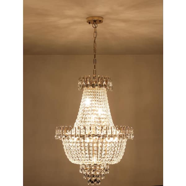 Crysia 22 in. 10-Light Gold Glam Empire Chandelier Light Fixture with Hanging Crystal Shade