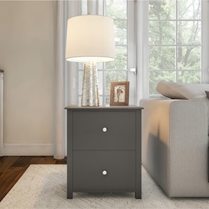 End Table with 2-Drawers, 15.5in. Side Table with Silver Pull Knobs, Traditional Rectangle Wooden Nightstand, Slate Gray