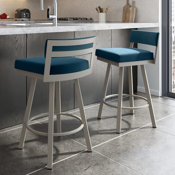 Amisco Travis 26 in. Dark Blue Velvet / Matt Light Grey Metal Swivel Counter Stool