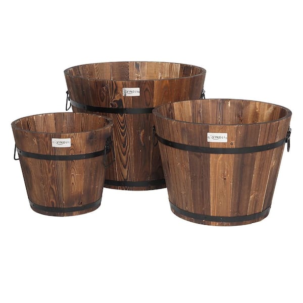 VINGLI Wooden Planter Barrel Set Real Wood Rustic Flower Pot with Drainage Holes (3-Piece)