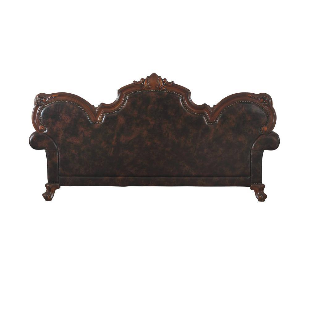 Vintage Cherry Oak Faux Leather Tufted Sofa with Nailhead Trim