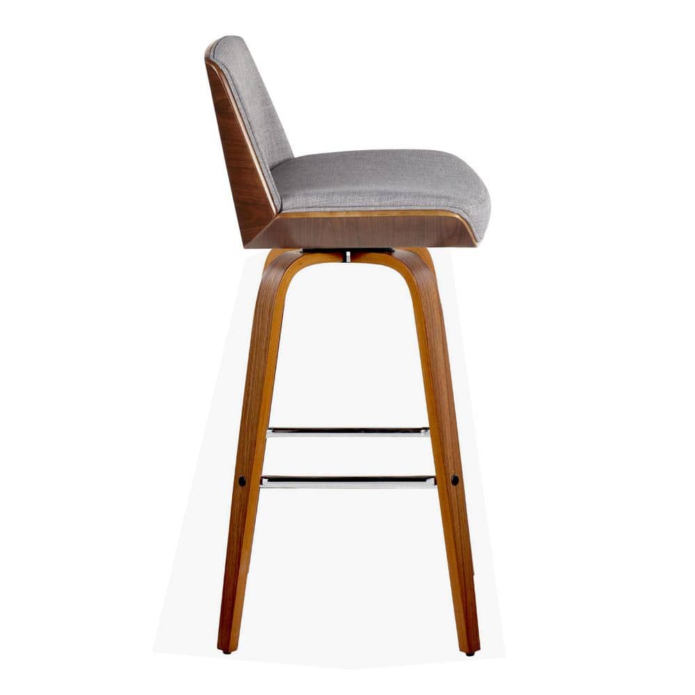 Walnut and Light Gray Swivel Barstools with Chrome Footrest, Set of 2