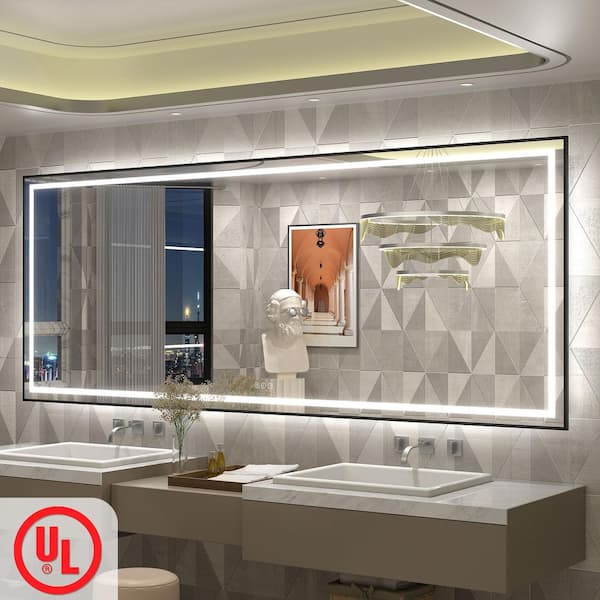 84 in. W x 32 in. H Rectangular Framed Front and Back LED Lighted Anti-Fog Wall Bathroom Vanity Mirror in Tempered Glass
