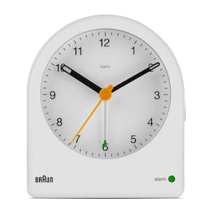 Classic Analog Alarm Clock, SnoozeandContinuous Backlight, Quiet Quartz Movement, Beep Alarm in White, model BC22W.