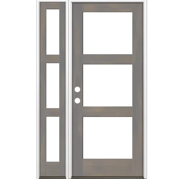 Krosswood Doors 50 in. x 96 in. Modern Hemlock Right-Hand/Inswing 3-Lite Clear Glass Grey Stain Wood Prehung Front Door w/Left Sidelite
