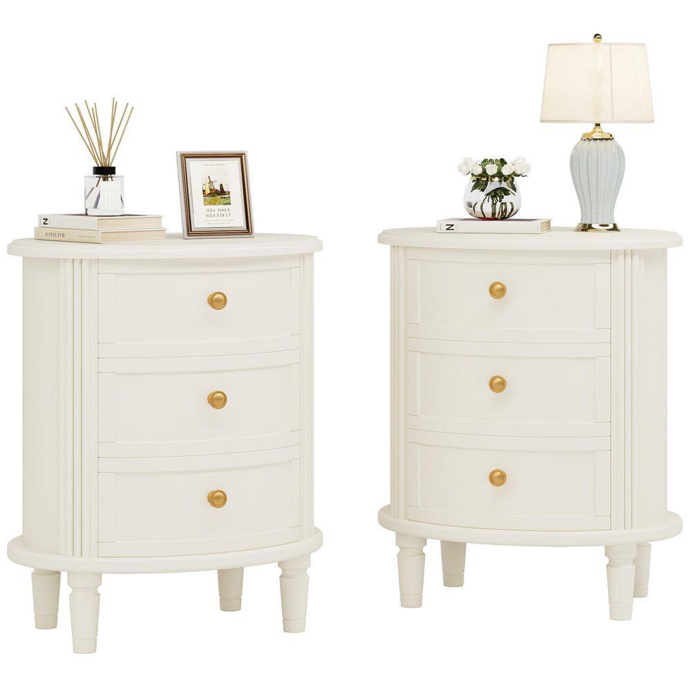 Fenley White Oval 3-Drawer 20 in. Width Nightstand Set of 2, Farmhouse Bedside Table for Living Room (2 Products)
