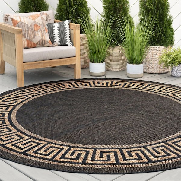 Eco Black 8 ft. Round Geometric Indoor/Outdoor Area Rug
