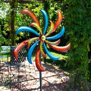 63 in. Tall Outdoor Curved Blade Windmill Stake Kinetic Spinner, Multicolor