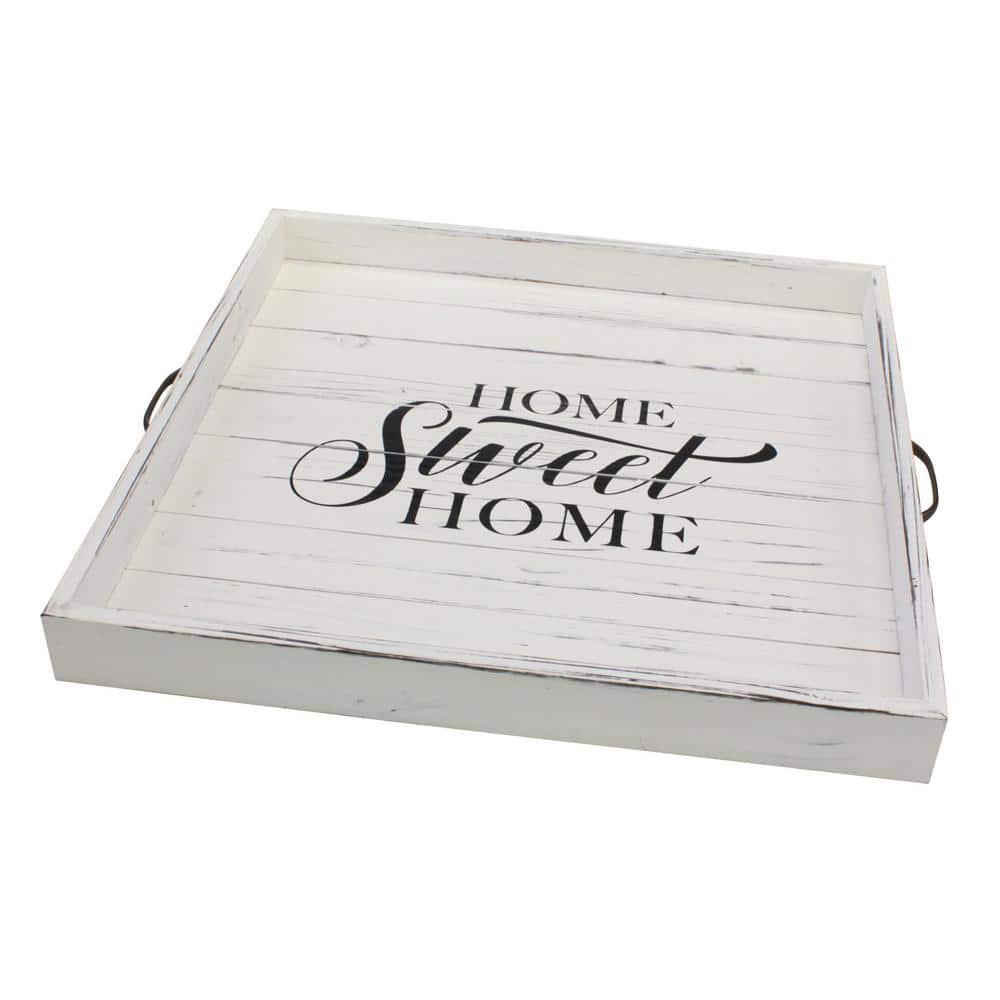 Off-White Distressed Wood Square Decorative Tray with Metal Handles