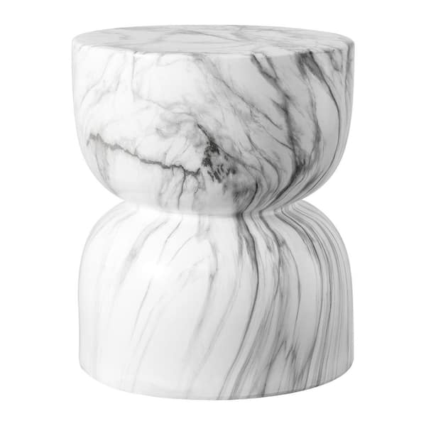 JONATHAN Y Zakhai 14.75 in. Contemporary Modern Marble Glaze Drum Indoor/Outdoor Garden Stool, White/Gray
