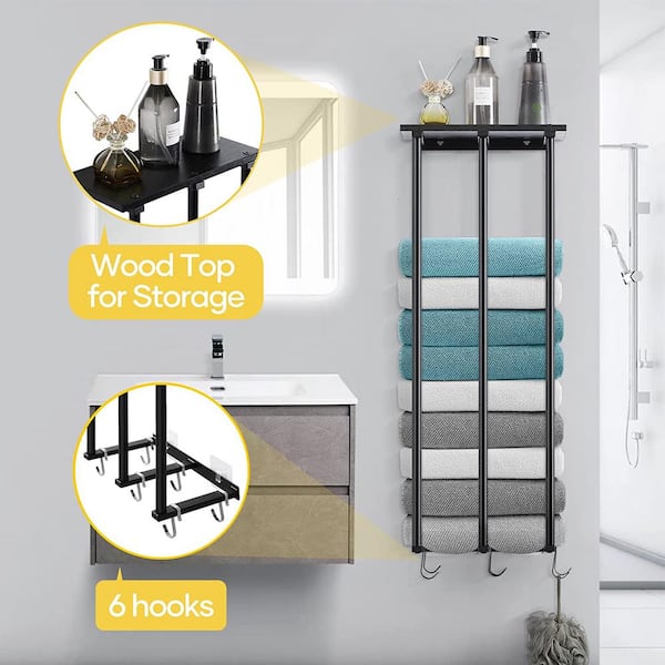 Towel Racks for Bathroom Wall Mounted, 3 Bar Adhesive Rolled Towel Holders  with Wood Top and 6 Hooks - Black