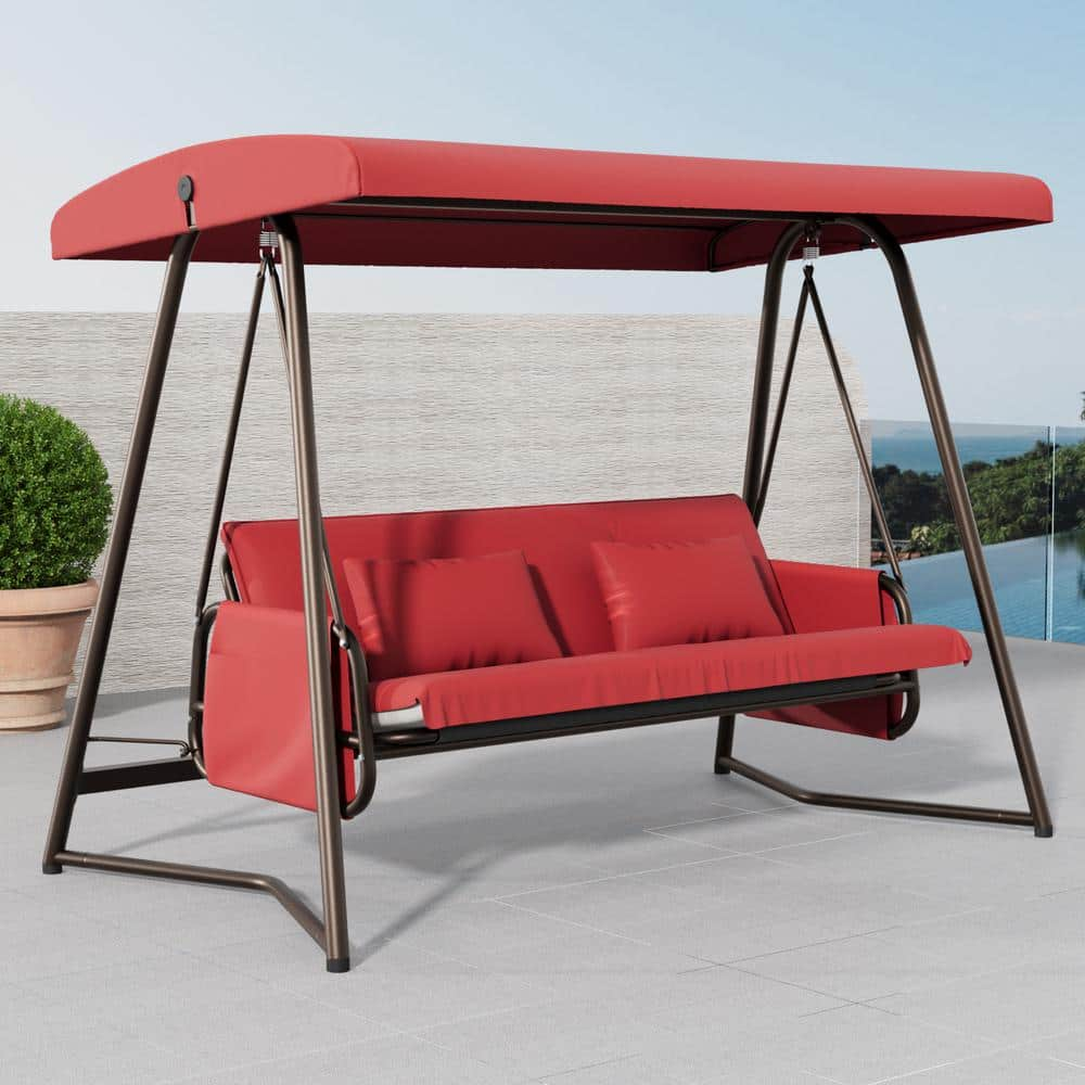 Clihome Outdoor Patio 3 Seaters Metal Patio Swing Chair Swing bed with Cushion and Adjustable Red Canopy IO 40W71 G5 The Home Depot