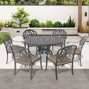 Isabella Black 7-Piece Cast Aluminum Outdoor Dining Set with 47.24 in. Round Table and Random Color Seat Cushions