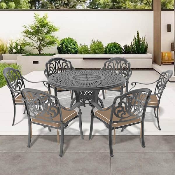 Willit Elizabeth 7-Piece Cast Aluminum Outdoor Dining Set with 47.24 in. Round Table and Random Color Cushions