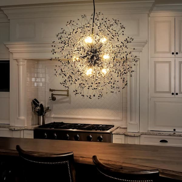 RRTYO Mucha 9-Light Black Modern Glam Linear Sputnik Starburst Crystal Chandelier for Dining Room with Iridescent Crystal Bead