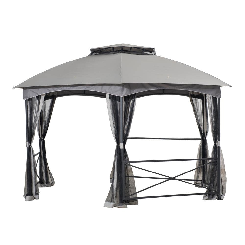 4.7 x 4m Metal Gazebo Canopy, Hexagon Shape Garden Net, Steel Frame, Grey