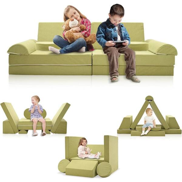 BOZTIY 63 in. L Kids Couch Sofa 10-Piece Modular Toddler Couch for Playroom Fold Out Couch Set for Kids, Green