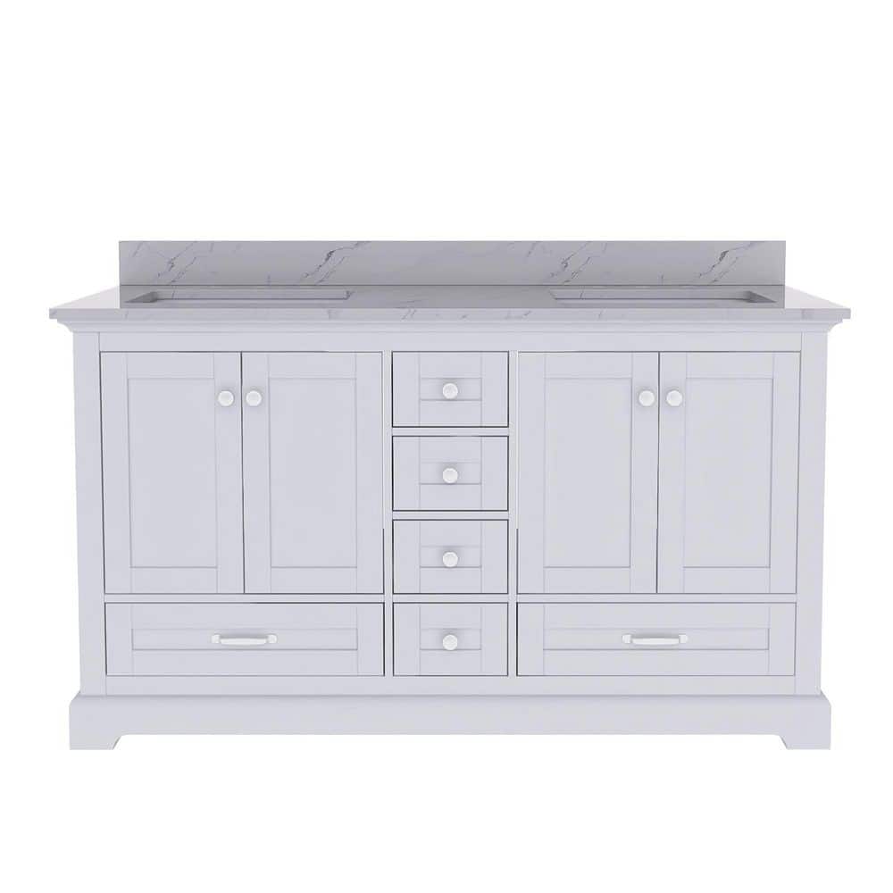 60 in. W x 22 in. D x 34.25 in. H Double Sink Freestanding Bath Vanity in White with White Marble Top price history on PriceWatchPro