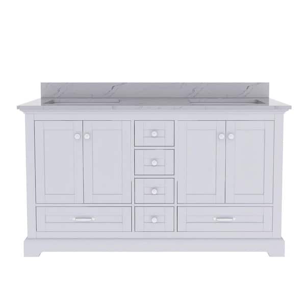 60 in. W x 22 in. D x 34.25 in. H Double Sink Freestanding Bath Vanity in White with White Marble Top