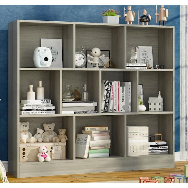 40.9 in. Tall x 47.2 in. W Gray Wood 10-Shelf Freestanding Standard Bookcase Display Bookshelf with Cubes