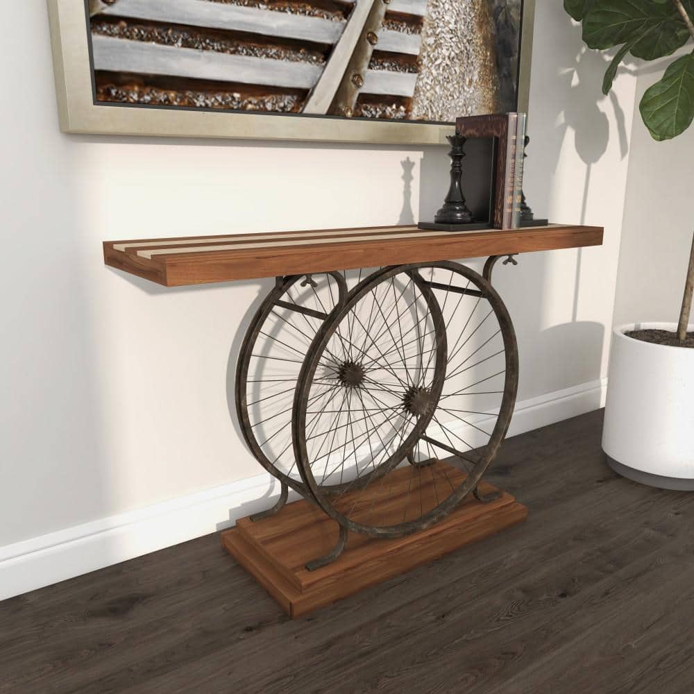 Industrial Brown Wood and Metal Wheel Console Table with Storage