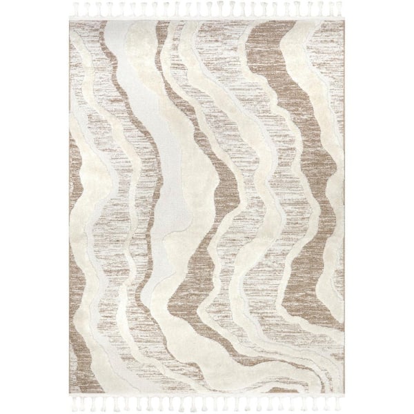 nuLOOM Navi Abstract High-Low Swirls Tasseled Ivory 6 ft. 7 in. x 9 ft. Area Rug