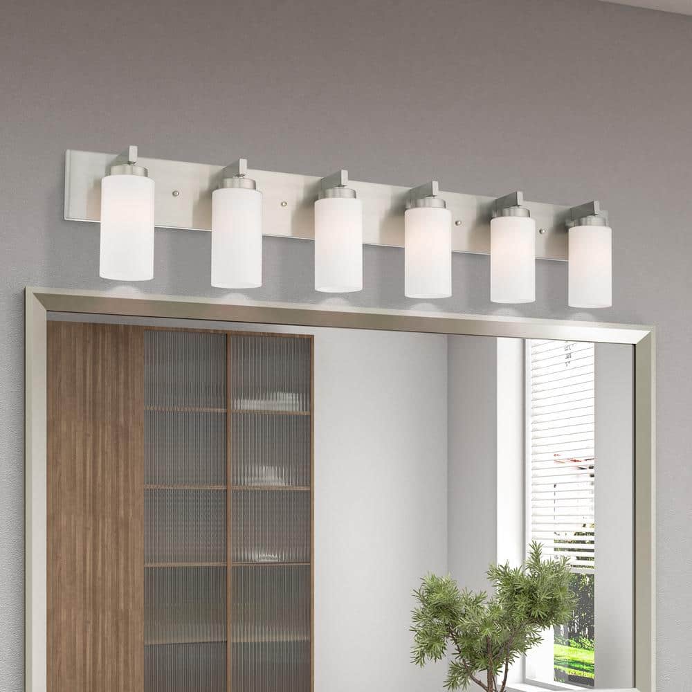 Brushed Nickel 6-Light Steel Vanity with Satin Opal Glass