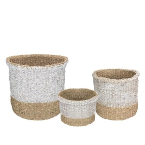 Beige and White Wicker Table and Floor Baskets (Set of 3)