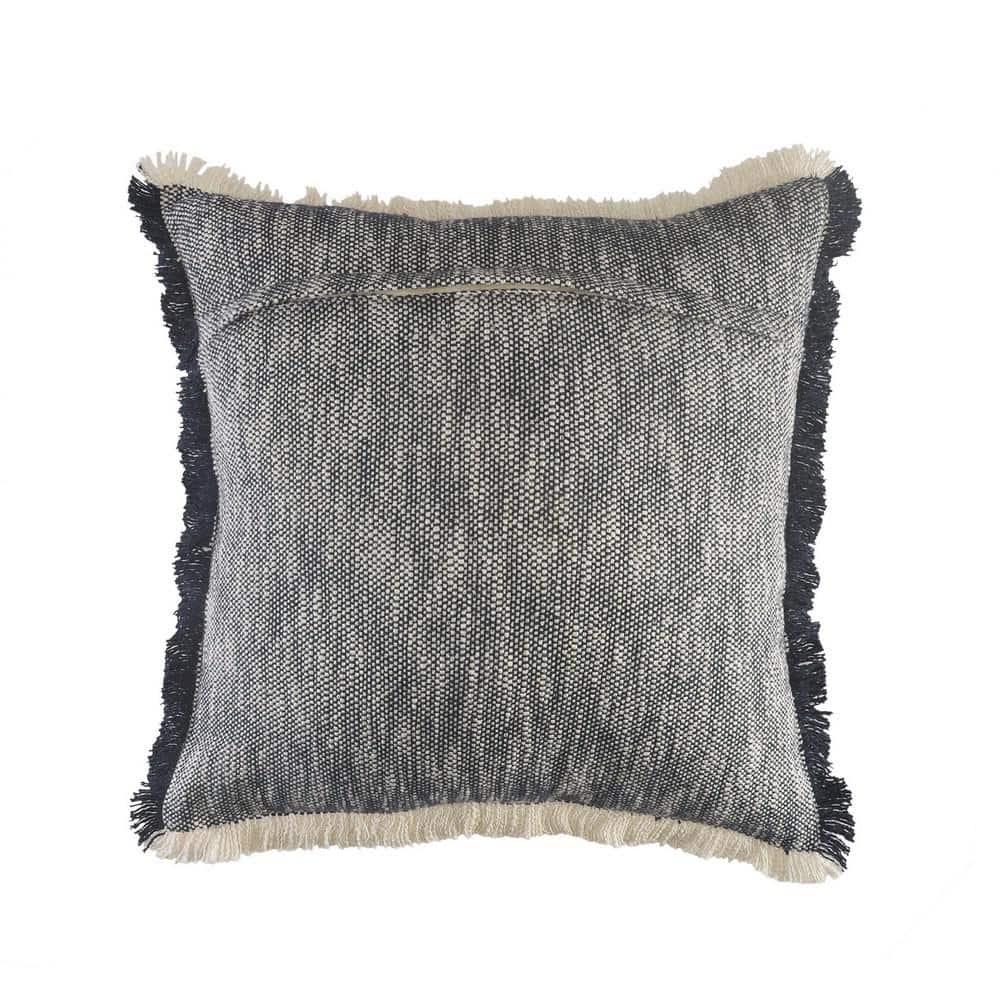 Dark Blue and White Cotton Fringe Throw Pillow, 20" Square
