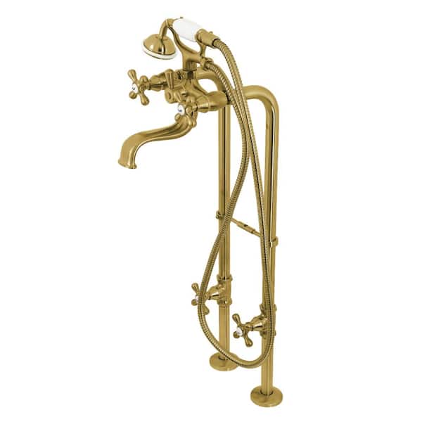 Kingston Brass Kingston 3-Handle Freestanding Tub Faucet with Supply Line and Stop Valve in Brushed Brass