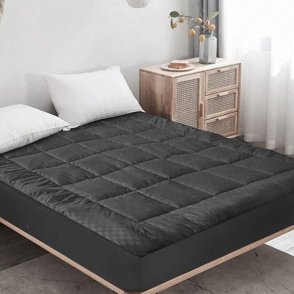 Full 54 in. x 75 in. Mattress Topper Microfiber Polyester Knitted Bed Protector Cover Solid Black Embossed Bedspread Pad