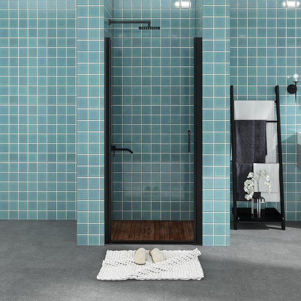 JimsMaison 36 in. W x 72 in. H Pivot Semi-Frameless Shower Door in Black Finish with Clear Glass
