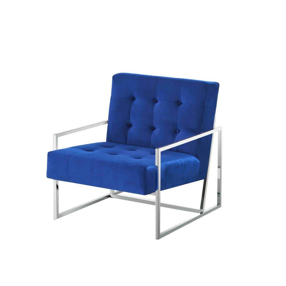 Elegant Blue Velvet Accent Armchair with Silver Metal Frame