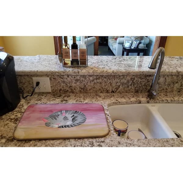 14 in. x 21 in. Multicolor Sleeping Grey Cat Watercolor Dish Drying Mat