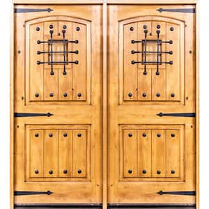 60 in. x 80 in. Mediterranean Knotty Alder Arch Top Clear Right-Hand Inswing Wood Double Prehung Front Door