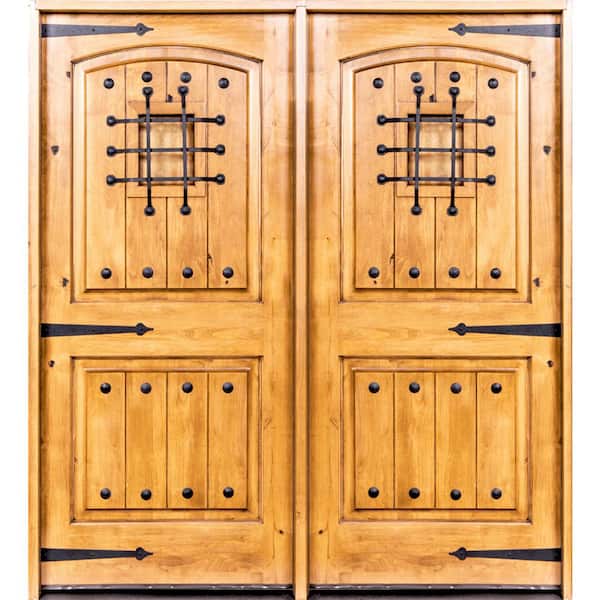Krosswood Doors 72 in. x 80 in. Mediterranean Knotty Alder Arch Top Unfinished Left-Hand Inswing Wood Double Prehung Front Door